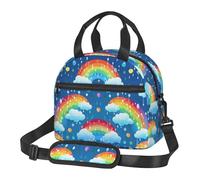 Borsa portapranzo con nuvole arcobaleno e gocce di pioggia, per uomini e donne, grande capacità, riutilizzabile, isolata, con tracolla regolabile, per adulti
