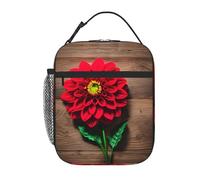 Borsa portapranzo in legno retrò con stampa di dalie rosse per ufficio, lavoro, picnic, borsa termica per il pranzo, riutilizzabile, per adulti