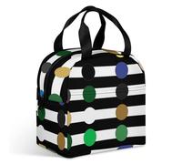 Borsa portapranzo per adulti, con motivo a pois arcobaleno e righe bianche e nere, a tenuta stagna, con cerniera e tasche multiple, grande capacità, per ufficio, lavoro, picnic
