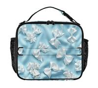 Borsa portapranzo per ragazze, con sfondo blu cielo con molti fiocchi bianchi, impermeabile, per adulti, mantiene il cibo caldo, borsa riutilizzabile per scuola e università