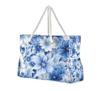 Borsa portatile con fiori blu con tasche laterali, borsa da viaggio portatile con portabicchieri sul lato