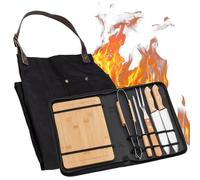 Borsa portatile di utensili barbecue con set di coltelli acciaio inossidabile, pinze, spiedino per griglia, grembiule in tela, tagliere in legno per roulotte, cucina e grigliate, utensili per griglia