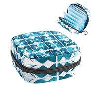 Borsa portatile per assorbenti igienici, per coppette mestruali, per ragazze adolescenti, kit per primo ciclo mestruale, blu foglia di tè e bianco, motivo geometrico a mosaico