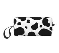 Borsa portatile per il trucco, borsa nera con mucca in stile cartone animato per uomini e donne, Mucca nera del fumetto