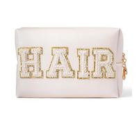 Borsa Portatrucchi Preppy Patch Extra Large Varsity Chenille Letter Makeup Bag PU Leather Waterproof Portable Cosmetic Toiletry Organizer Gift per Donne(HAIR)