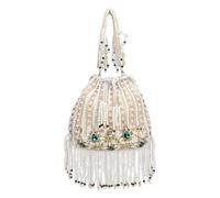 Borsa Potli con perline con frange di perle, decorazioni floreali con pietre preziose verdi, pochette da sposa avorio
