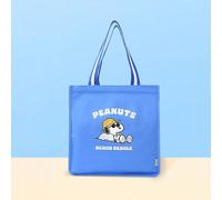 Borsa quadrata blu a tracolla singola, materiale in tela, stampata con motivi di Snoopy intorno al mare, facile da portare su una spalla, grande capacità, adatta per lo shopping e gli spostamenti (1 p