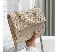 Borsa quadrata con copertura flip decorata con perle false, piccolo borsello a tracolla intrecciato e borsa per la spiaggia in paglia, indispensabili per la spiaggia, il necessario per la spiaggia, og