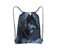 Borsa resistente all'acqua della corda dello zaino del cordone con la tasca anteriore della chiusura lampo per, Lupo mistico nella foresta innevata sul buio, Taglia unica