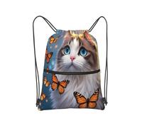 Borsa resistente all'acqua della corda dello zaino del cordone con la tasca anteriore della chiusura lampo per, Gatto magico con farfalle sulla luce, Taglia unica