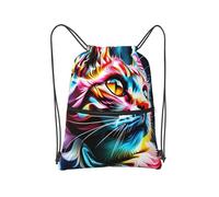 Borsa resistente all'acqua della corda dello zaino del cordone con la tasca anteriore della chiusura lampo per, Gatto neon con stelle sul buio, Taglia unica