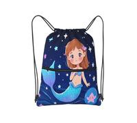 Borsa resistente della corda dell'acqua delle borse del cordone della palestra con la tasca anteriore della chiusura lampo per, Sirena Cartoon, Taglia unica