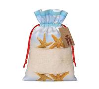 Borsa robusta con due stelle marine sulla spiaggia, con coulisse, perfetta per regali, viaggi e uso quotidiano, con etichette regalo in carta kraft