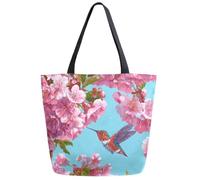 Borsa Shopper Beautiful Painting Cherry Bloom Hummingbird Handbag Casual Tote Bag Resistente Borse Della Spesa A Spalla Singola Per Donne Fidanzate Lavoro Regali Positivi