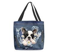Borsa Shopper Black And White Bostons Terrier And Flower Torn Jean Pattern Borse Della Spesa A Spalla Singola Casual Borsa Spesa Resistente Shopping Bags Per Lavoro Viaggi Regali Per Compleanno