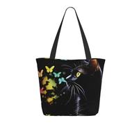 Borsa Shopper Cat And Butterfly On Black Background Borse Tote Shopper Casuale Personalizzata Borsone Da Viaggio, Per Shopping, Donna, Yoga, 50x40cm