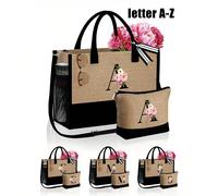 Borsa shopper con motivo a lettere nere A-Z su sfondo rosa e begonie, con tracolla e una pochette per il trucco abbinata, borsa da regalo personalizzata con tasche laterali, borsa da spiaggia con scia
