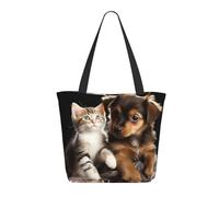 Borsa Shopper Cute Cats And Dogs Playing Grande Borsa A Tracolla In Tela Casuale Personalizzata Tracolla, Per Scuola, Quotidiano Vita, Yoga, 50x40cm