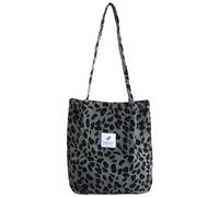 Borsa Shopper Donna in Cotone e Velluto a Coste - Canvas Tote Bag a Tracolla - Adatto per Lo Shopping (Stampa Leopardata Grigia)
