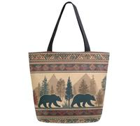 Borsa Shopper Ethnic Stripes Forests Bear Silhouettes Trees Handbag Casual Tote Bag Riutilizzabile Shopping Bags Per Regali Positivi Viaggi Donne Fidanzate