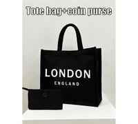 Borsa shopper in lino, borsa con stampa "Londra Inghilterra" e una piccola borsa stampata, portamonete, borsa shopper nera in lino, combinazione di borse grandi e piccole, lettere, fiori, confezione r