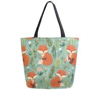 Borsa Shopper Spring Leaves Cute Fox Green Tote Bag Shopping Borsa Spesa Resistente Handbag Per Regali Positivi Donne Fidanzate Viaggi