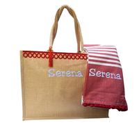 Borsa spiaggia e telo mare personalizzate con ricamo. Set 2 pezzi, borsa mare e telo da donna. (Sangria, Multicolore)