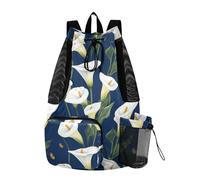 Borsa sportiva con coulisse, borsa da palestra con tasca per bottiglia d'acqua, impermeabile, motivo cartone animato, calle, giglio, fiore, blu navy