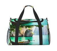 Borsa sportiva da donna con stampa di barca verde lago - Borsa da palestra con scomparto, borsone da uomo, da donna, borsa da viaggio per il fine settimana, Nero , Taglia unica