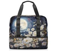 Borsa sportiva da palestra con motivo floreale con luna e fiori, borsa da viaggio con scomparto per scarpe, grande capacità, per allenamento, fitness, yoga, nuoto, fine settimana