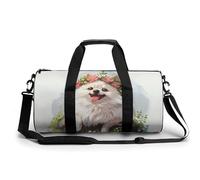 Borsa sportiva da palestra con stampa di cane Pomerania bianca con corona di fiori, borsone da viaggio leggero per uomo e donna, Stile:, 17.7in/9in/9in, MHXYZHW