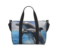 Borsa sportiva da palestra per donne e uomini, borsone da viaggio con due delfini, borsa da weekender, in tela, borsa da viaggio per la notte, per viaggi, nuoto, fitness, allenamento, sport, nero
