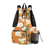 Borsa sportiva da uomo con coulisse, con tasca per bottiglia d'acqua, zaino con cordino, separazione asciutta e bagnata, motivo cartone animato, calle, fiori arancioni