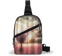 Borsa sul petto Albero a forma di cuore Albero nel prato Prateria Fiori di campo Foglie volanti rosse,Borse a tracolla Zaino a tracolla multiuso Zaino da viaggio impermeabile Escursionismo Pacchetto p