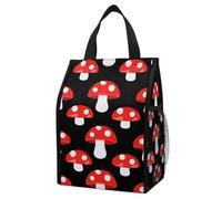 Borsa termica impermeabile per il pranzo, con stampa di funghi rossi e piante in stile cartone animato su sfondo nero, portatile e pieghevole, con tasche portaoggetti per l'uso quotidiano e i viaggi.