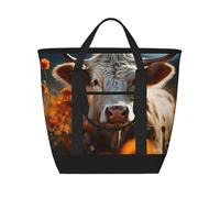 Borsa termica isolata con mucca girasole nel campo di fiori, grande borsa termica per alimenti, borsa termica per la spesa con cerniera superiore per viaggi e picnic