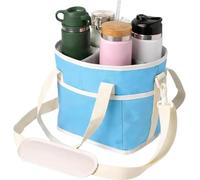 Borsa termica per 4 tazze, portabottiglie con manico e cinghia, borsa per bevande con divisore regolabile, riutilizzabile, per 4 bevande, per caffè, viaggi, sport e gite in famiglia, Blu, alla moda