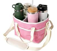 Borsa termica per 4 tazze, portabottiglie con manico e cinghia, borsa per bevande con divisore regolabile, riutilizzabile, per 4 bevande, per caffè, viaggi, sport e gite in famiglia, rosa, alla moda