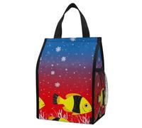 Borsa termica per alimenti a prova di perdite, motivo fiocchi di neve e pesci sotto il mare, viola e rosso, pieghevole, con tasche laterali, ideale per pranzi al lavoro e avventure all'aria aperta.