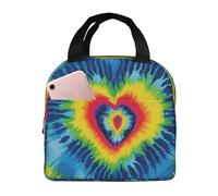 Borsa termica per il pranzo a forma di cuore arcobaleno tinto a nodi, per donne e uomini, riutilizzabile, portatile, a prova di perdite, con tasca frontale, per viaggi, picnic, ufficio, lavoro