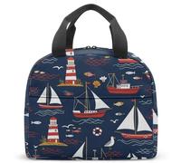 Borsa termica per il pranzo a forma di faro con barca a vela nautica per bambini, riutilizzabile, con stampa di vita marina disegnata a mano, dimensioni standard (01)