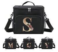 Borsa termica per il pranzo, borsa a tracolla in tela, borsa termica con iniziale da A a Z, stampa dorata di fiori, grande capacità, borsa a spalla per donne, contenitore termico portatile per il lavo