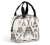Borsa termica per il pranzo, borsa per il pranzo con stampa di tenda Teepee con fascia per la testa della piuma, borsa per il pranzo per adulti, borsa per il pranzo portatile riutilizzabile