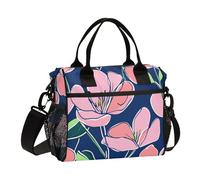 Borsa termica per il pranzo con fiori rosa, foglie verdi, sfondo blu reale, ecologiche, con tracolla, per adolescenti, ragazze, infermiere, asilo