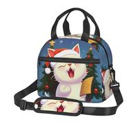 Borsa termica per il pranzo con gatto carino che canta canti natalizi per uomini e donne, borsa termica per il pranzo per adulti, riutilizzabile, tracolla regolabile, grande capacità a prova di