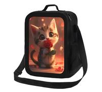 Borsa termica per il pranzo con gatto e fiore di San Valentino, borsa frigo morbida riutilizzabile con chiusura a zip per il pranzo di donne e uomini, ufficio, scuola, spiaggia, viaggi, picnic con tra
