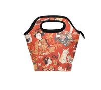 Borsa termica per il pranzo con gatto giapponese Geisha donna rossa con manico curvo con contenitori (prop2), borsa termica per lavoro e scuola