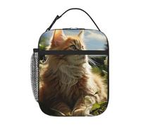 Borsa termica per il pranzo con gatto seduto nel campo verde, scatola per il pranzo per donne e uomini, riutilizzabile, a prova di perdite, borsa termica per il pranzo per ufficio picnic