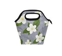 Borsa termica per il pranzo con manico curvo carino contenitore per il pranzo riutilizzabile morbido lato borsa termica per picnic viaggio FIORE e bianchi su sfondo grigio marmo