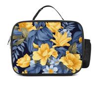 Borsa termica per il pranzo con motivo floreale giallo e base blu per donne/uomini, porta pranzo riutilizzabile per ufficio, lavoro, picnic, spiaggia, borsa tote alla moda a tenuta stagna con manico